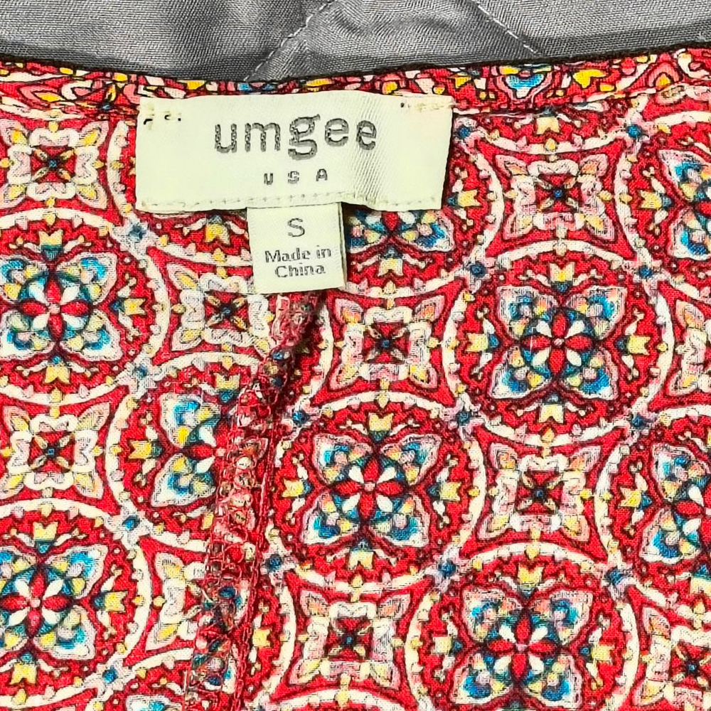 (S) Women's Umgee Red Yellow and Green Mixed Media Patterned Hi-lo Boho Dress - Picture 4 of 7